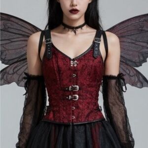 Kimring Women Red Corset Top L Floral Buckle LaceUp Gothic Steampunk Brocade